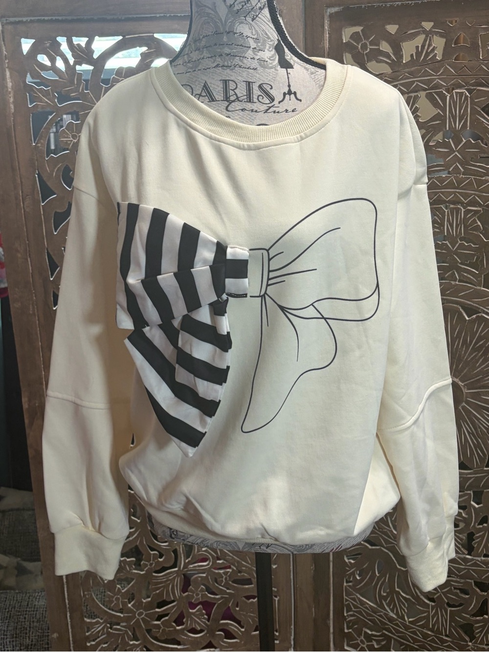 NWOT SHEIN Ivory Sweatshirt with Black Striped Bow Accent